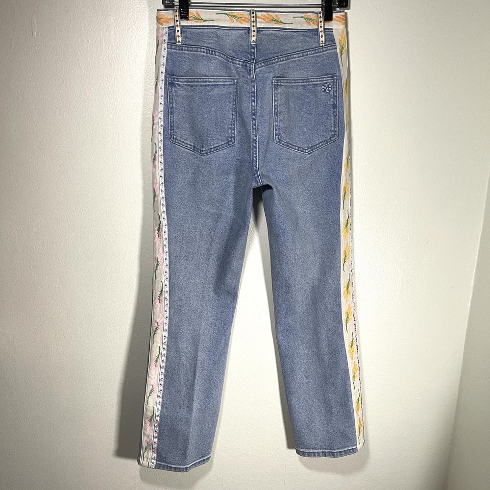 Tory Burch Women's Size 27 Floral Trim Button Fly Straight Leg Jeans Blue - Picture 2 of 12